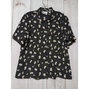 Kathy Lee Shirt Ladies 14 Black White Floral Button Front Short Sleeve Daisy